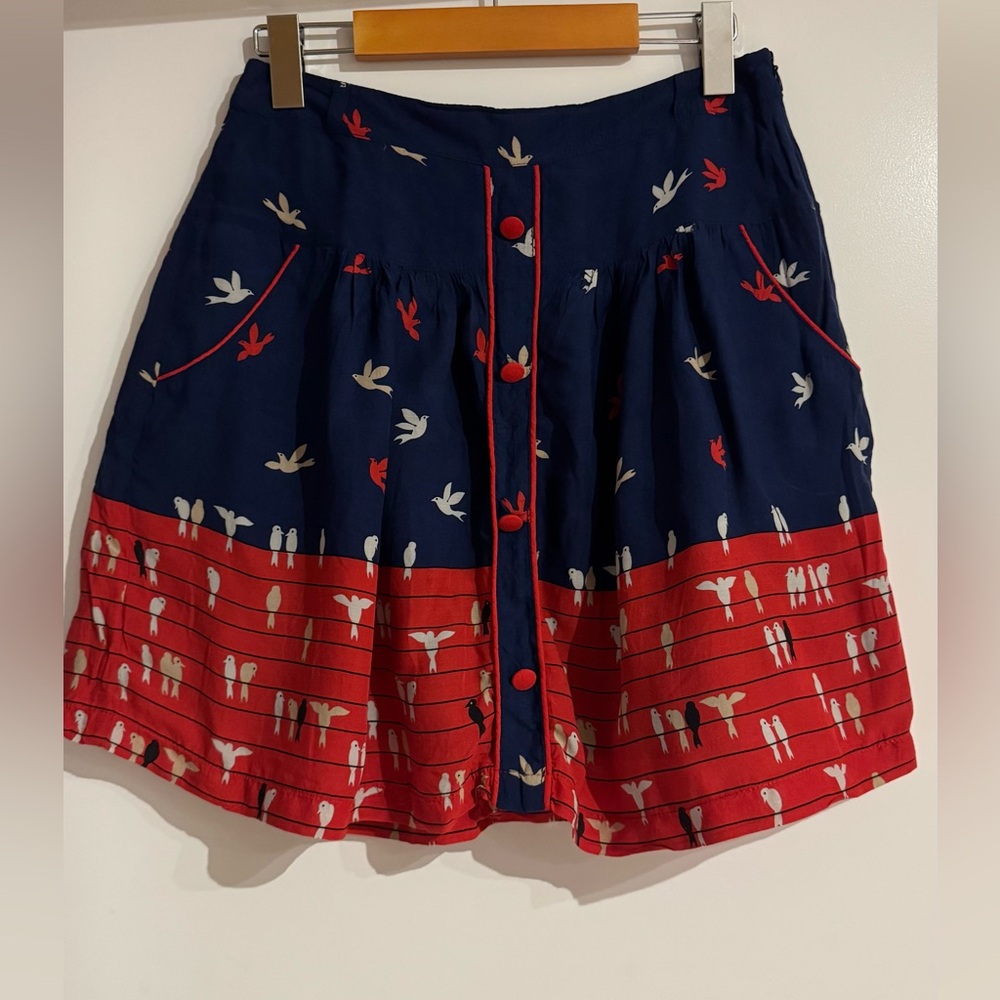 Promod NWOT Navy and Red Skirt with Bird Pattern